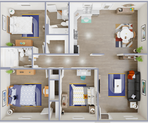 Floor plan for 3 beds, 2 baths, 1065 sqft